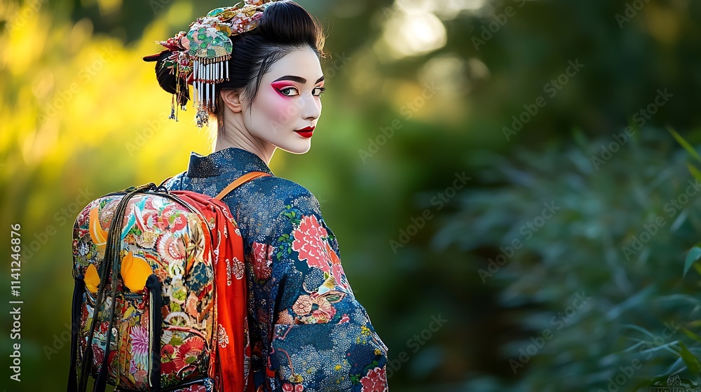 Elegant Woman in Traditional Kimono with Colorful Backpack Outdoors Elegant Woman in Traditional Kimono with Colorful Backpack Outdoors
