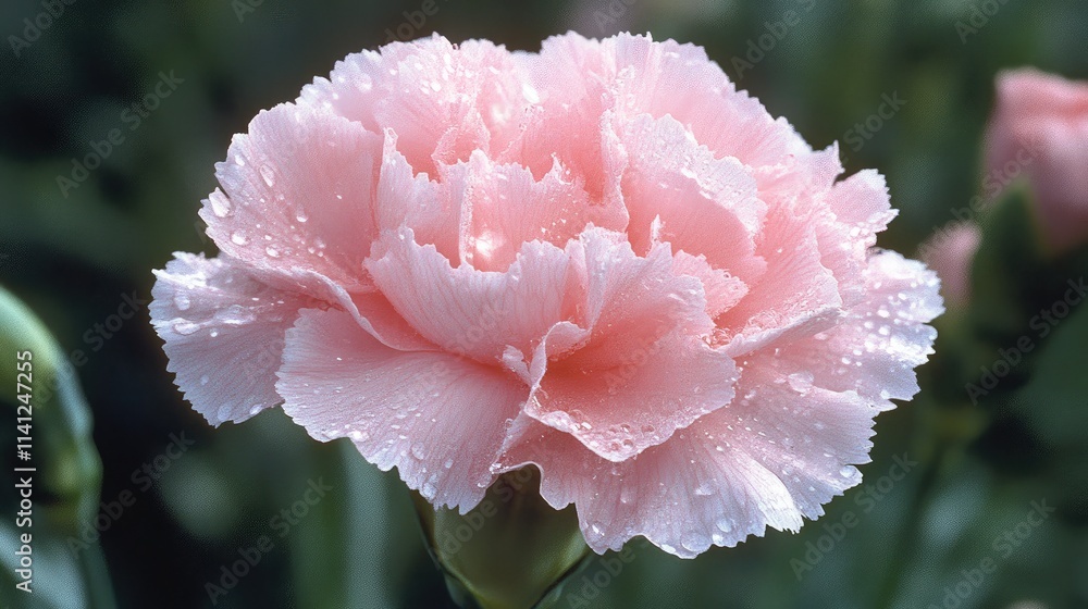 A close-up of a pink carnation flower, with water droplets glistening on the petals. A close-up of a pink carnation flower, with water droplets glistening on the petals.