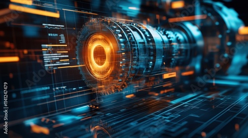 A detailed shot of a metallic gear assembly showing signs of wear and potential failure with diagnostic charts and graphs overlaid on the image to illustrate predictive analysis.