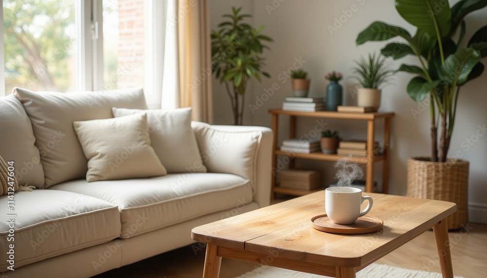 Fototapeta premium Cozy Home Interior Coffee on Table Sofa Plants Natural Light
