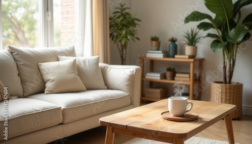 Cozy Home Interior Coffee on Table Sofa Plants Natural Light