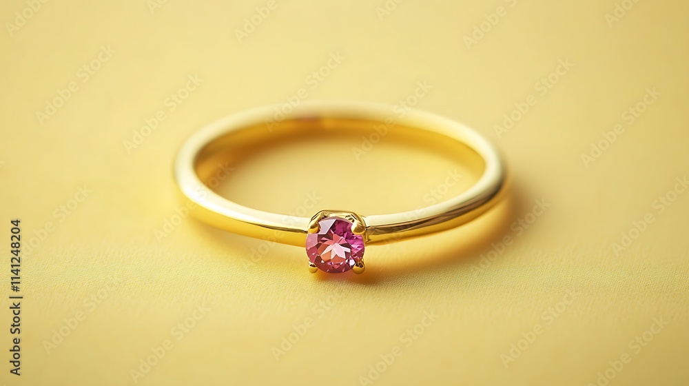 Elegant Gold Ring with Pink Gemstone on Soft Yellow Background Elegant Gold Ring with Pink Gemstone on Soft Yellow Background