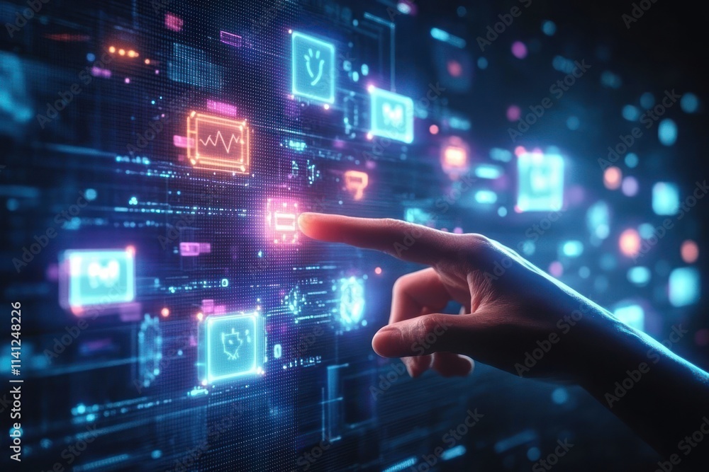 Futuristic Hand Reaching for Glowing Speech Bubbles in Cyberpunk Digital Landscape Futuristic Hand Reaching for Glowing Speech Bubbles in Cyberpunk Digital Landscape