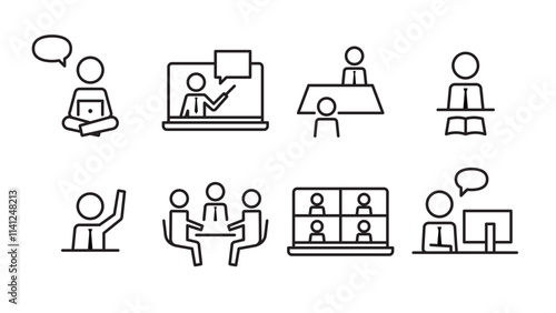 Pictogram of a human figure, set of meetings and classes of a businessman or student wearing a tie, line width variable