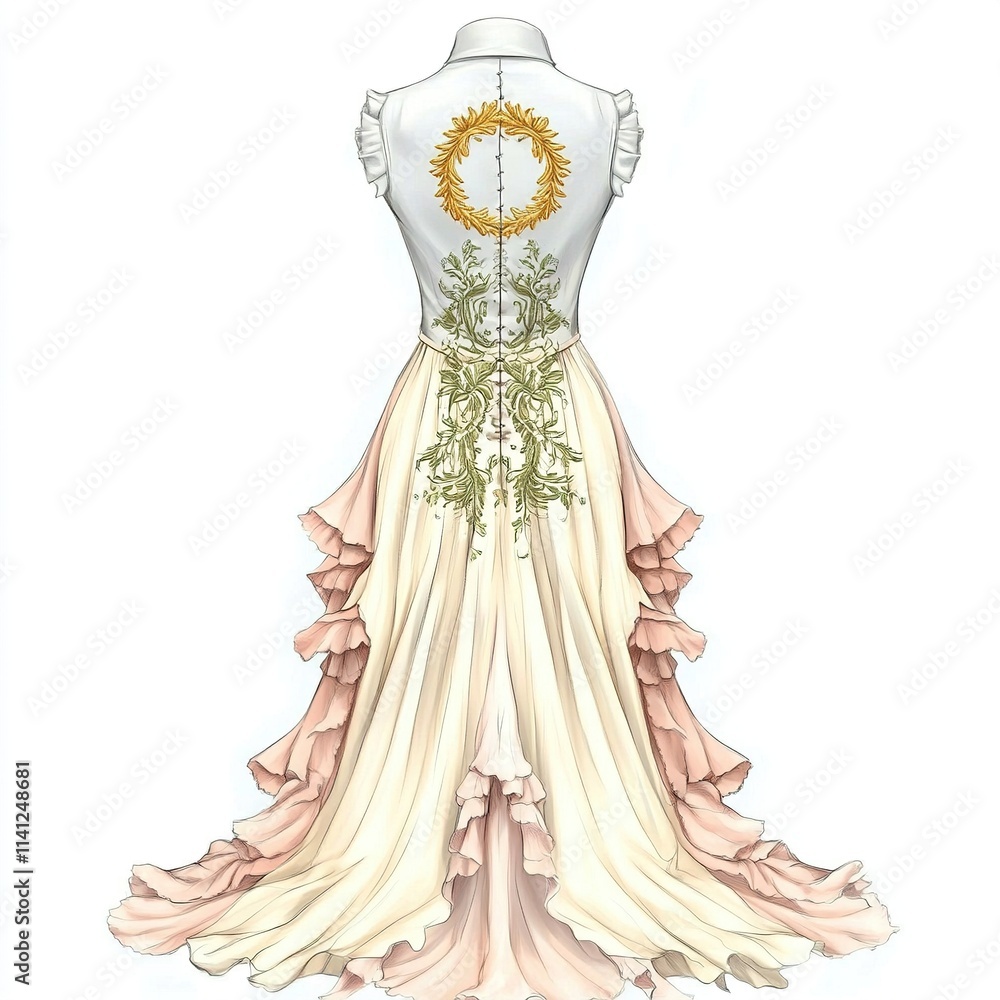 Elegant Cream Gown With Gold Wreath And Floral Embroidery Elegant Cream Gown With Gold Wreath And Floral Embroidery