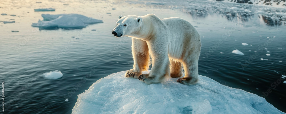 Naklejka premium Climate change, wildlife crisis. Polar bear standing on an ice floe in a tranquil Arctic setting.