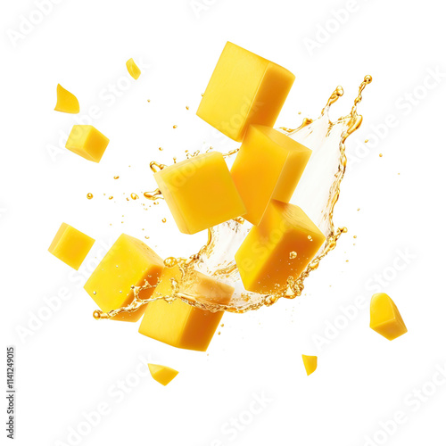 Falling Mango cube with splash  on transparent background photo