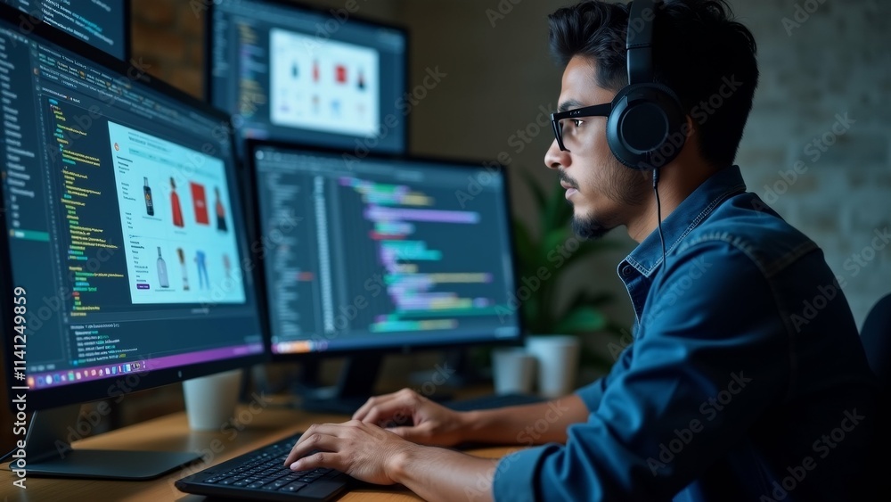 The image shows a young man sitting at a desk in front of three computer monitors. He is wearing a blue shirt and has a pair of headphones on his head. The image shows a young man sitting at a desk in front of three computer monitors. He is wearing a blue shirt and has a pair of headphones on his head.