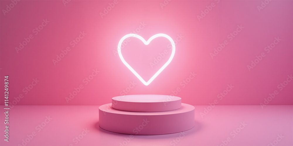 Glowing Neon Heart on Pink Pedestal, Romantic and Valentine's Day Design Concept. Background for Products on Marketplaces Glowing Neon Heart on Pink Pedestal, Romantic and Valentine's Day Design Concept. Background for Products on Marketplaces