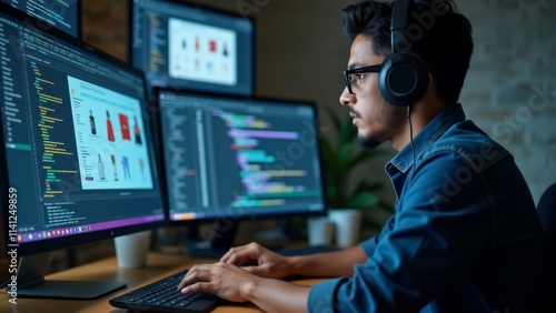 The image shows a young man sitting at a desk in front of three computer monitors. He is wearing a blue shirt and has a pair of headphones on his head.