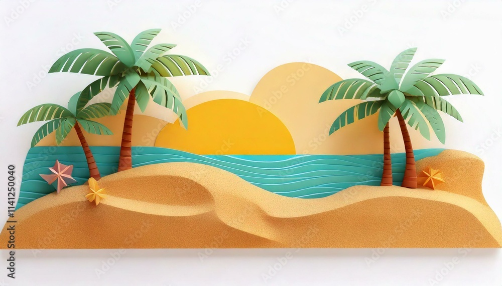 Sea, sand and sun at the beach on a white background.. Modern flat illustrator for website, presentation or graphic resources. Nobody, no human. Sea, sand and sun at the beach on a white background.. Modern flat illustrator for website, presentation or graphic resources. Nobody, no human.