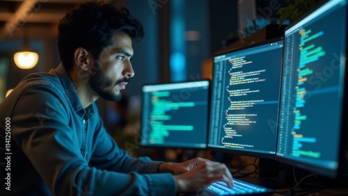 The image shows a young man sitting at a desk in front of two computer monitors. He is wearing a blue shirt and has a beard.