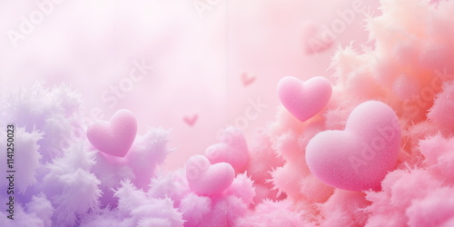 Dreamy Pink Clouds with Floating Hearts in a Soft Sky, Romantic and Valentine's Day Background Concept