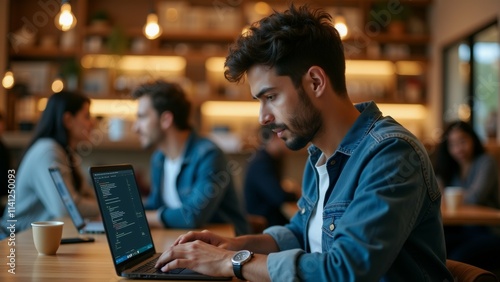 The image shows a young man sitting at a wooden table in a cafe or restaurant, working on a laptop. He is wearing a denim jacket and has a beard and is looking intently at the screen of the laptop.