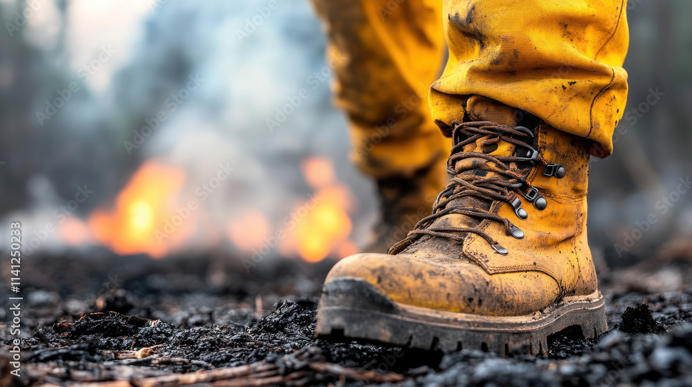 close up of firefighter boots on charred ground, showcasing resilience amidst flames
