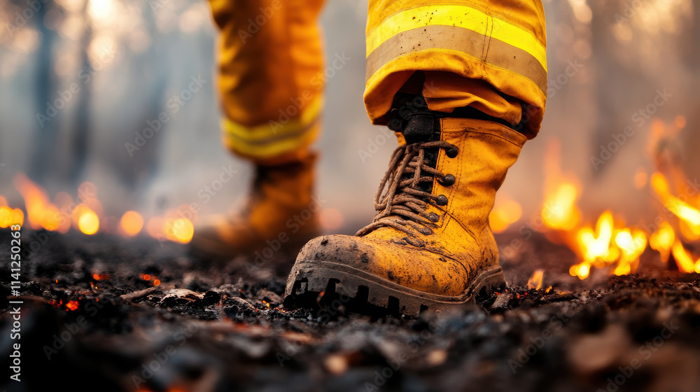 firefighter boots stand firmly on charred ground, surrounded by flames. scene captures intensity and bravery of firefighting efforts firefighter boots stand firmly on charred ground, surrounded by flames. scene captures intensity and bravery of firefighting efforts