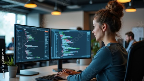 The image shows a young woman sitting at a desk in front of two computer monitors. She is wearing a blue shirt and has her hair tied up in a bun.