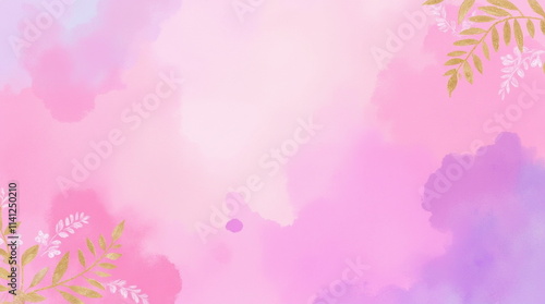 Soft Watercolor Abstract Background in Pink, Orange, and Purple Tones, Plants, Artistic Design Concept, copy space