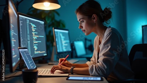 The image shows a young woman sitting at a desk in front of two computer monitors. She is wearing a white blouse and has her hair tied up in a bun.