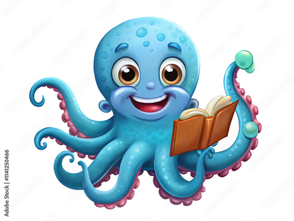 cartoon happy octopus holding book on transparent background cartoon happy octopus holding book on transparent background