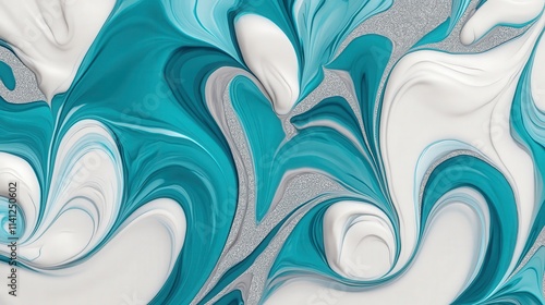 A vibrant abstract swirl of teal and white, creating a dynamic and fluid visual texture, ideal for backgrounds or artistic inspiration.