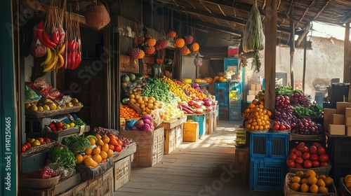 A lively market stall filled with colorful fruits and vegetables neatly arranged.
