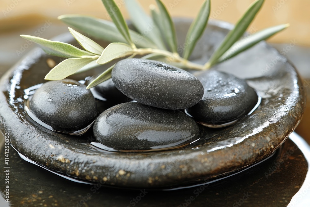 Fototapeta premium Tranquil Zen Spa Composition Featuring Smooth Black Stones and Olive Branch on Reflective Surface for Relaxation and Meditation Theme