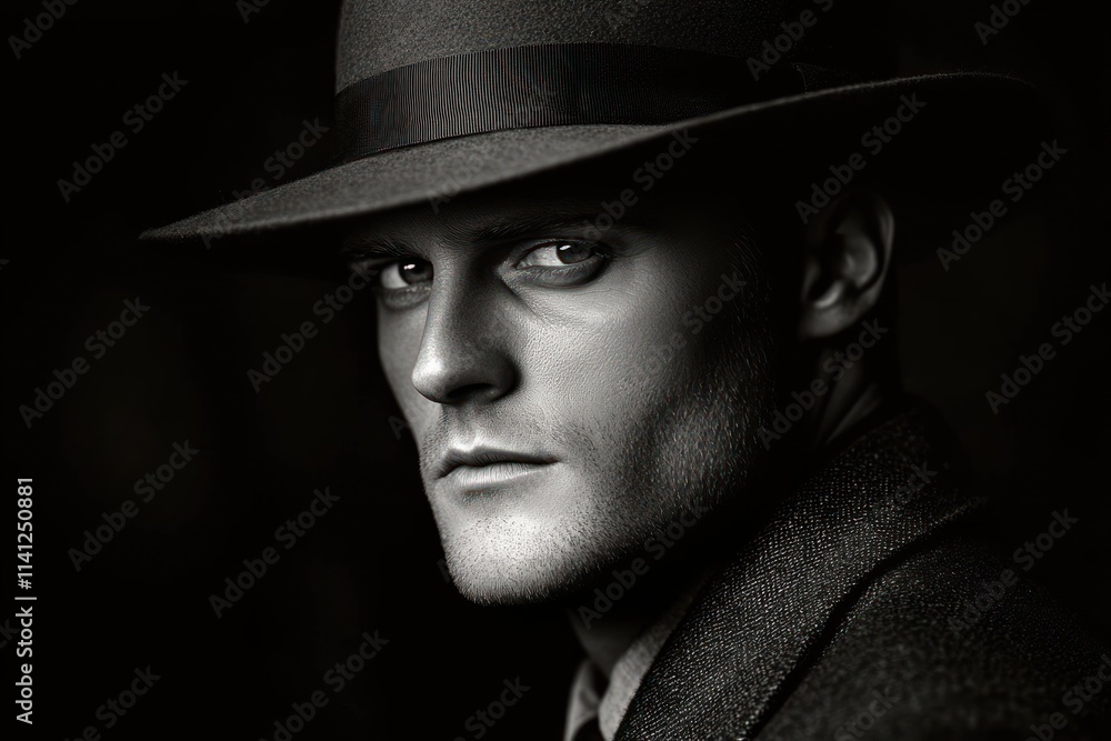 Black and White Portrait of a Caucasian Man in 1920s Fedora Costume with Dramatic Lighting and Vintage Style Black and White Portrait of a Caucasian Man in 1920s Fedora Costume with Dramatic Lighting and Vintage Style