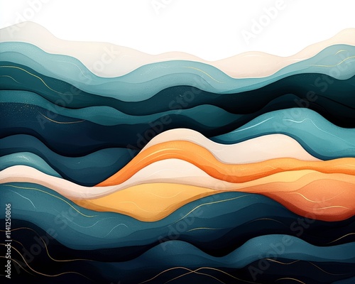 A colorful abstract design featuring flowing waves in shades of blue, orange, and cream, evoking a sense of movement and tranquility.