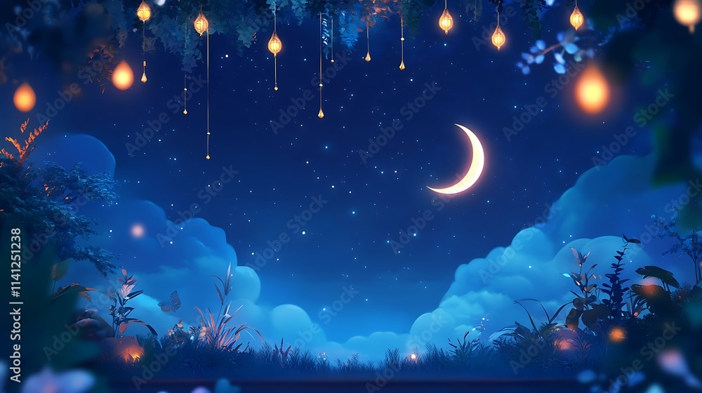 Serene Night Scene with Crescent Moon and Glowing Lanterns Serene Night Scene with Crescent Moon and Glowing Lanterns