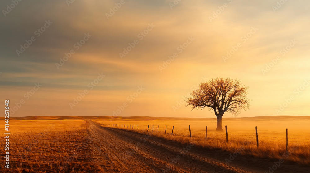 Obraz premium serene landscape featuring solitary tree beside dirt road at sunset, with golden fields stretching into distance