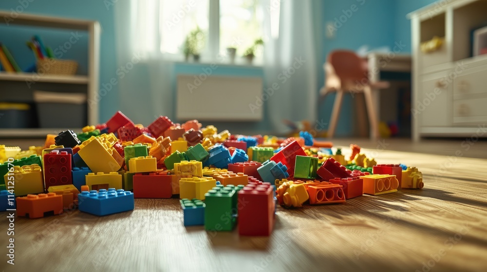 Naklejka premium A pile of colorful plastic building blocks scattered on a playroom floor.