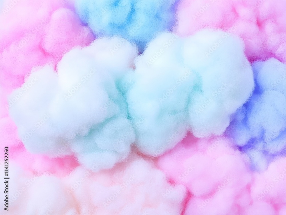 Fototapeta premium The image features fluffy cotton candy in pastel colors, primarily pink, blue, and lavender, creating a whimsical and soft visual effect.