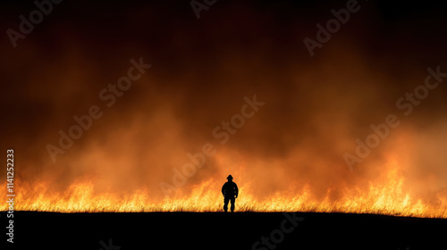 firefighter silhouetted against wall of flames, showcasing bravery and resilience