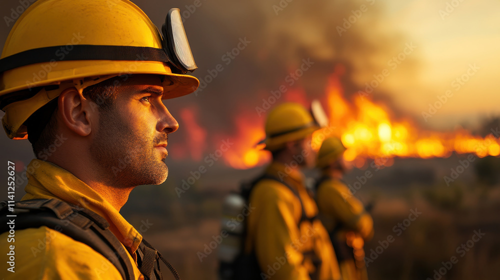 group of firefighters stands united, focused on battling raging wildfire. Their determination shines through as they prepare for action group of firefighters stands united, focused on battling raging wildfire. Their determination shines through as they prepare for action