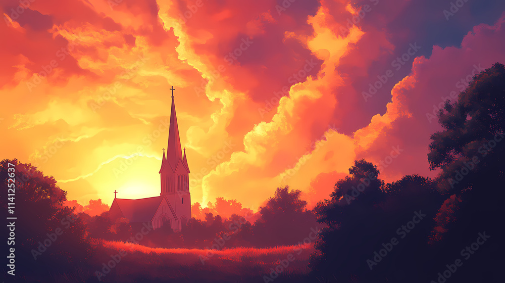 Fototapeta premium A serene church spire reaching towards a vibrant sunrise, illuminating the sky with warm colors and creating a peaceful atmosphere. Spire. Illustration