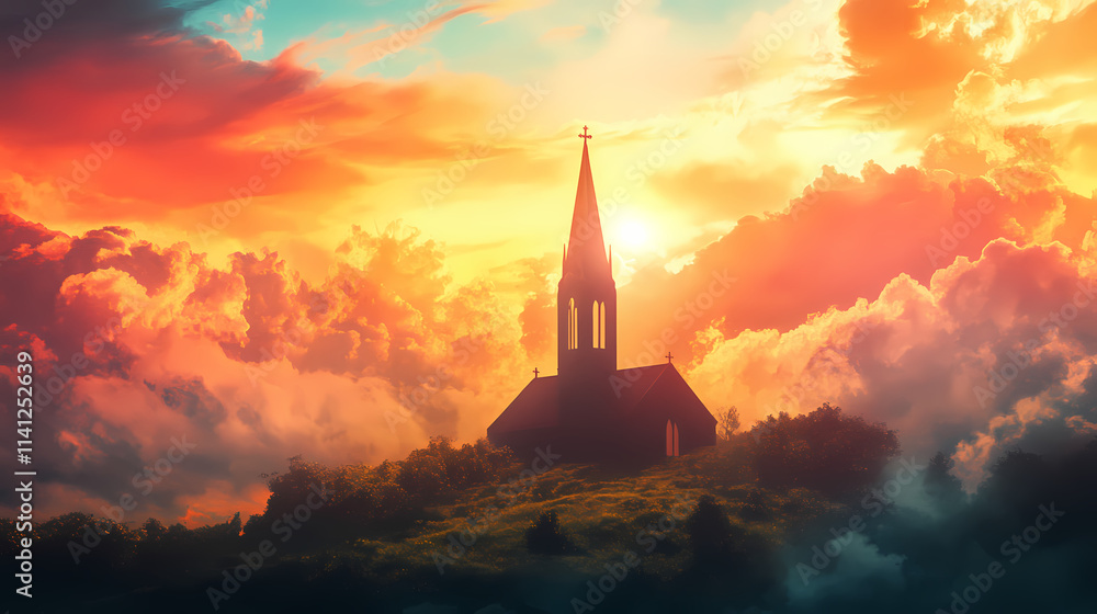 Fototapeta premium A serene church spire reaching towards a vibrant sunrise, illuminating the sky with warm colors and creating a peaceful atmosphere. Spire. Illustration