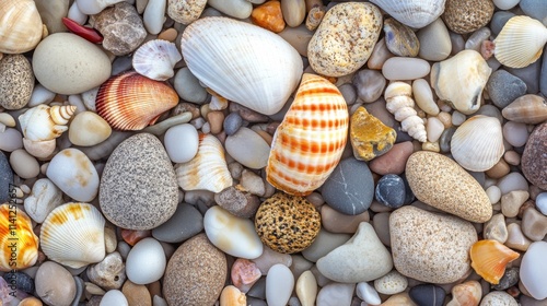 A scenic beachcombing area with collected treasures, Shells and pebbles arranged in patterns, Coastal artistic style photo