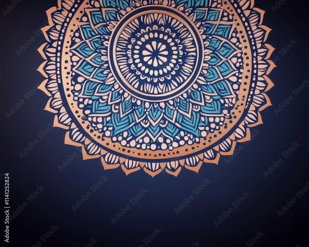 Obraz premium A beautifully designed mandala with intricate patterns in blue and gold against a dark background, symbolizing harmony and balance.