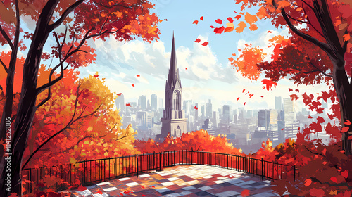 A tall church spire rises above the city skyline, framed by red-leaved trees and a checkered pathway. Spire. Illustration photo