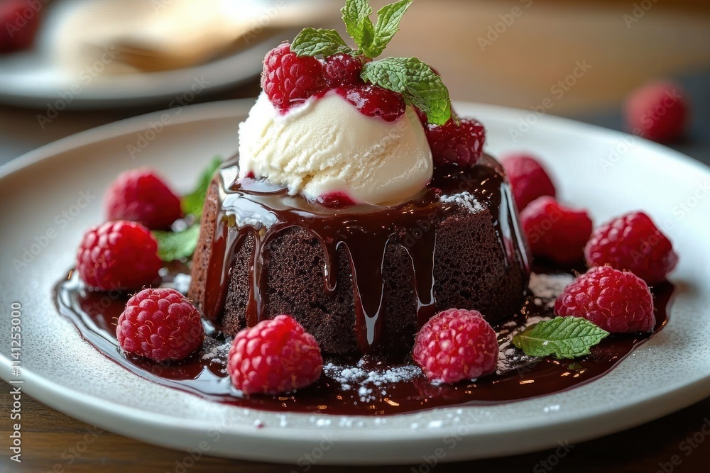 Chocolate Lava Cake with Vanilla Ice Cream Fresh Raspberries and Mint Leaves Chocolate Lava Cake with Vanilla Ice Cream Fresh Raspberries and Mint Leaves