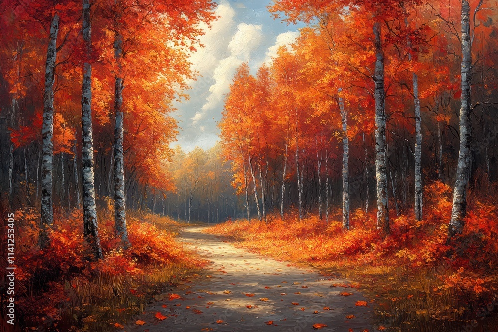 Vibrant Autumn Landscape with Red Orange Trees Soft Sunlight Winding Path Impressionist Style Vibrant Autumn Landscape with Red Orange Trees Soft Sunlight Winding Path Impressionist Style