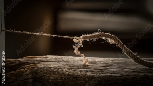 Frayed rope held by a single strand about to snap, symbolizing risk and danger on dark background photo