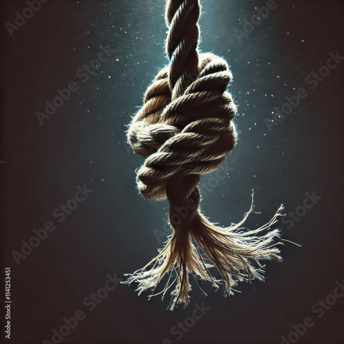 Frayed rope held by a single strand about to snap, symbolizing risk and danger on dark background photo