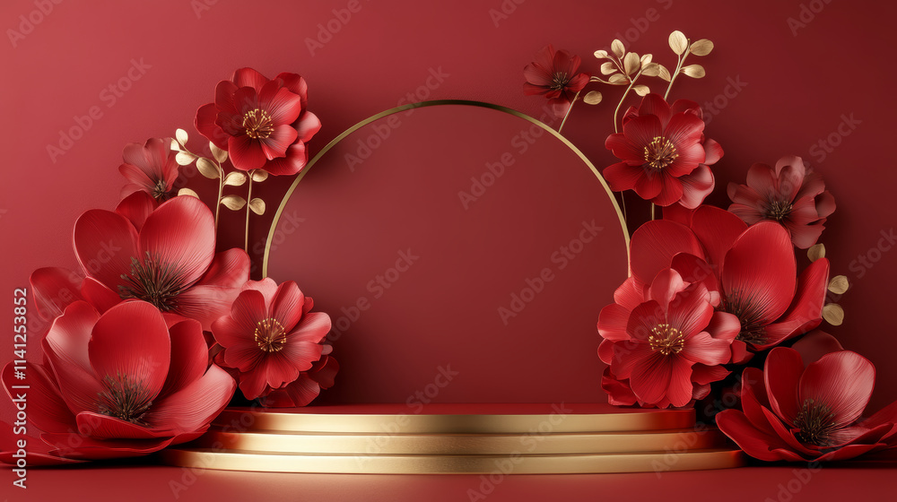 Red background flower e-commerce product exhibition booth Red background flower e-commerce product exhibition booth