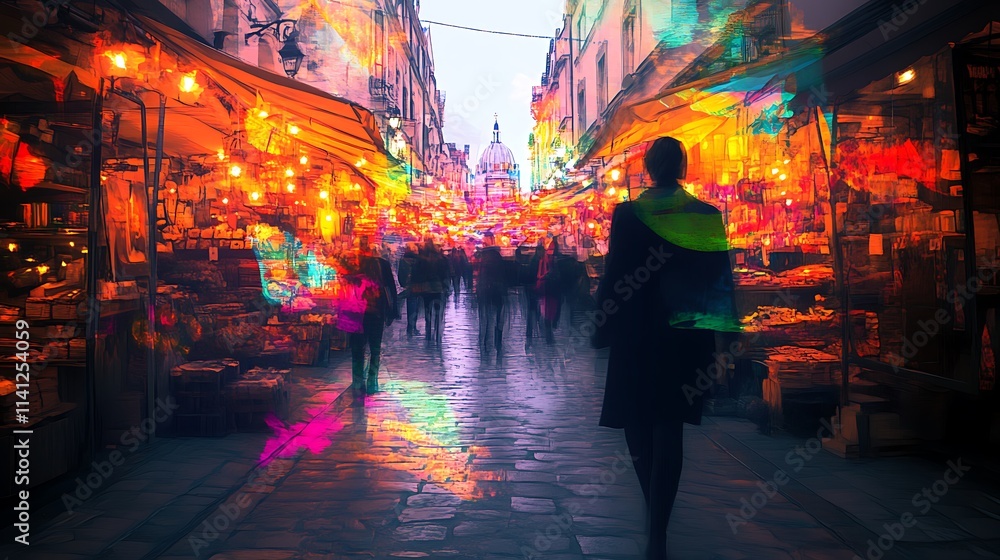 Obraz premium Woman walking through vibrant, bustling night market street.