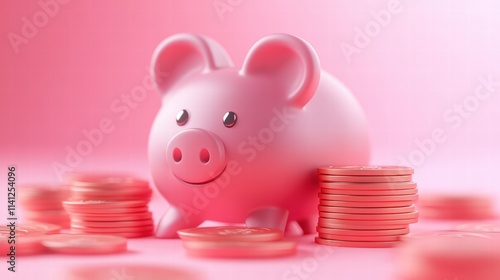 Abstract Concept of Saving Money Featuring a Simplified Pink Piggy Bank Surrounded by Coins Against a Soft Pink Gradient Background photo