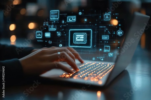 Cyber Security Business Technology Privacy Concepts Laptop User with Digital Icons