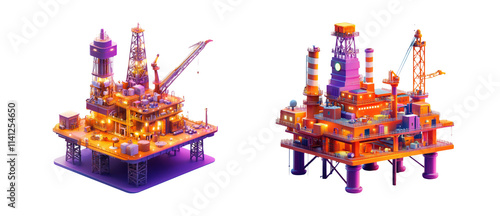 Colorful Oil Rig Illustration on Transparent Background