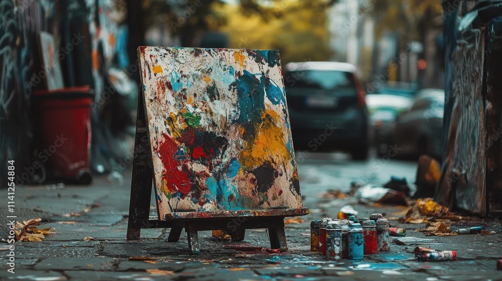A street artist's palette filled with colorful paint, sitting next to a work in progress. A street artist's palette filled with colorful paint, sitting next to a work in progress.